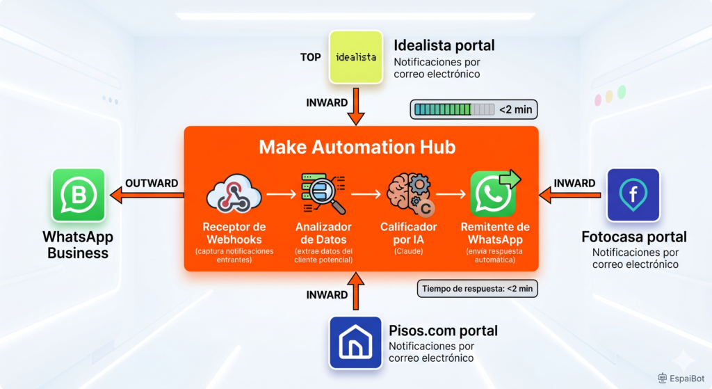 Sistema de integración multi-portal: Idealista, Fotocasa y Pisos.com enviando leads automáticamente a WhatsApp via Make - 