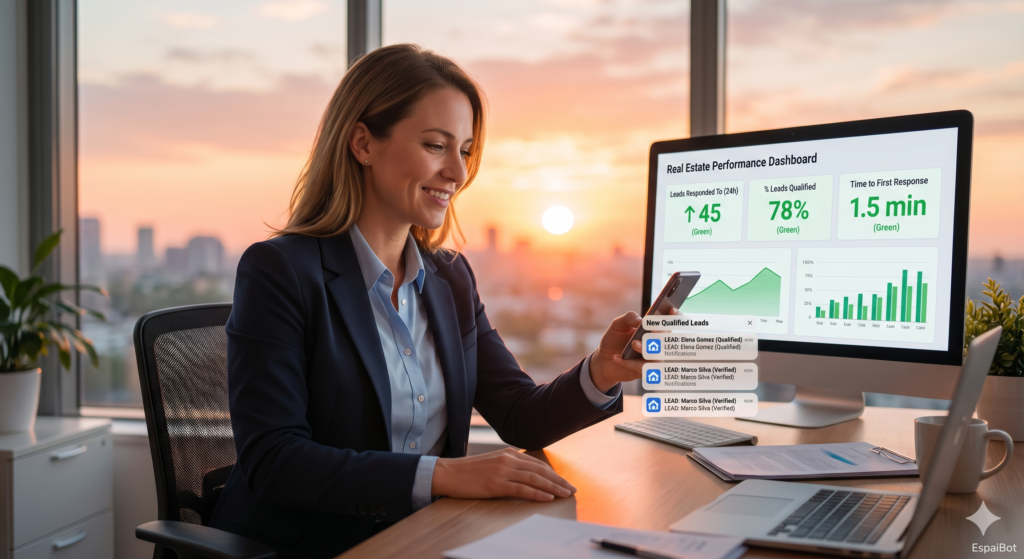 Agente inmobiliario consultando resultados de captación automática: leads cualificados, respuestas rápidas, métricas de éxito