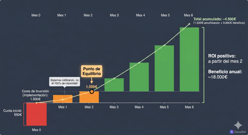 Timeline de amortización: periodo de recuperación de inversión inicial en sistema IA para agencia inmobiliaria (2 meses)