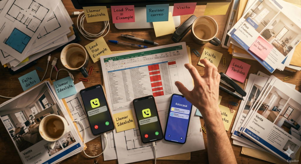 Escritorio de agencia inmobiliaria desordenado con múltiples leads sin gestionar, teléfonos y notificaciones perdidas