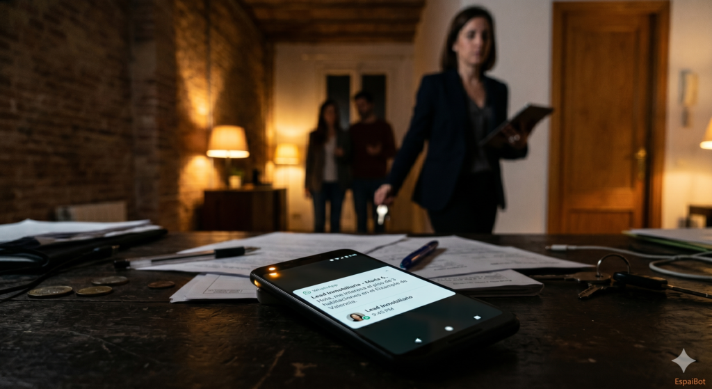 Lead inmobiliario sin respuesta en WhatsApp a las 21:45 de la noche, agente ausente en visita