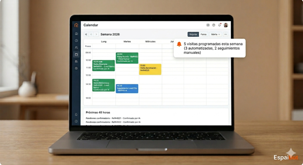 Calendario de visitas inmobiliarias actualizado automáticamente por sistema IA: leads confirmados y organizados