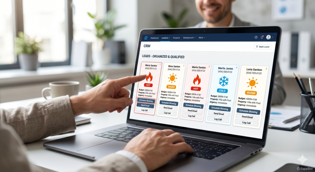 Agente inmobiliario consultando leads cualificados y organizados automáticamente en CRM integrado