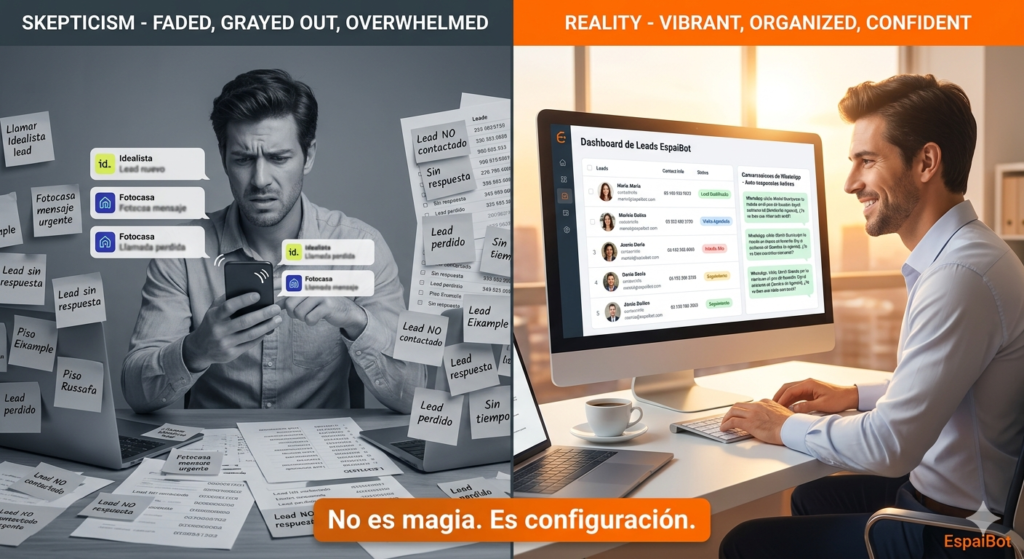 Comparativa antes y después: agente inmobiliario sin automatización vs. con sistema de IA funcionando