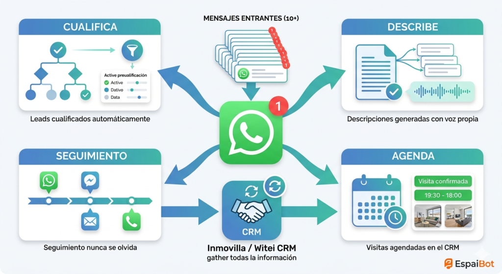 Sistema completo de automatización inmobiliaria con IA: cualificación, descripciones, agendamiento y seguimiento integrados